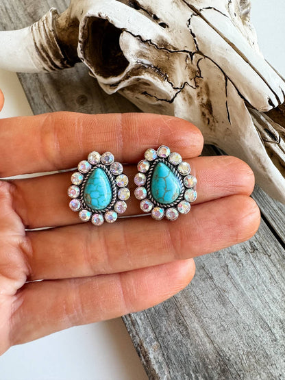 Western Stud Earrings Turquoise teardrop AB rhinestone edge