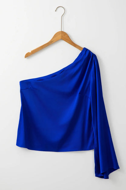 Dark Blue Asymmetric One Shoulder Bell Sleeve Satin Blouse - Chic Meadow Boutique 