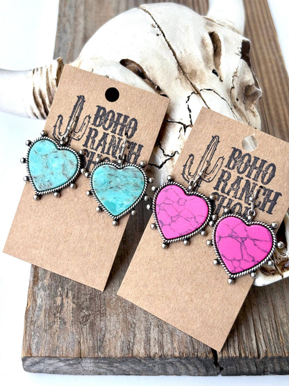 Western Marble Stone Heart Dangle Earrings