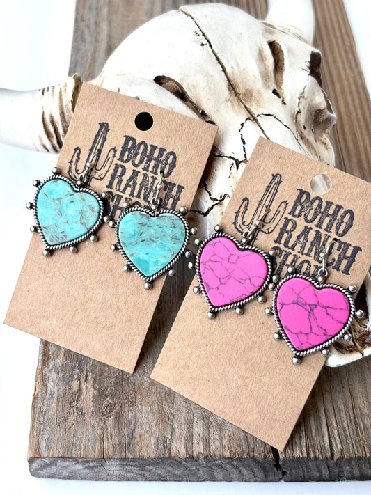 Western Marble Stone Heart Dangle Earrings
