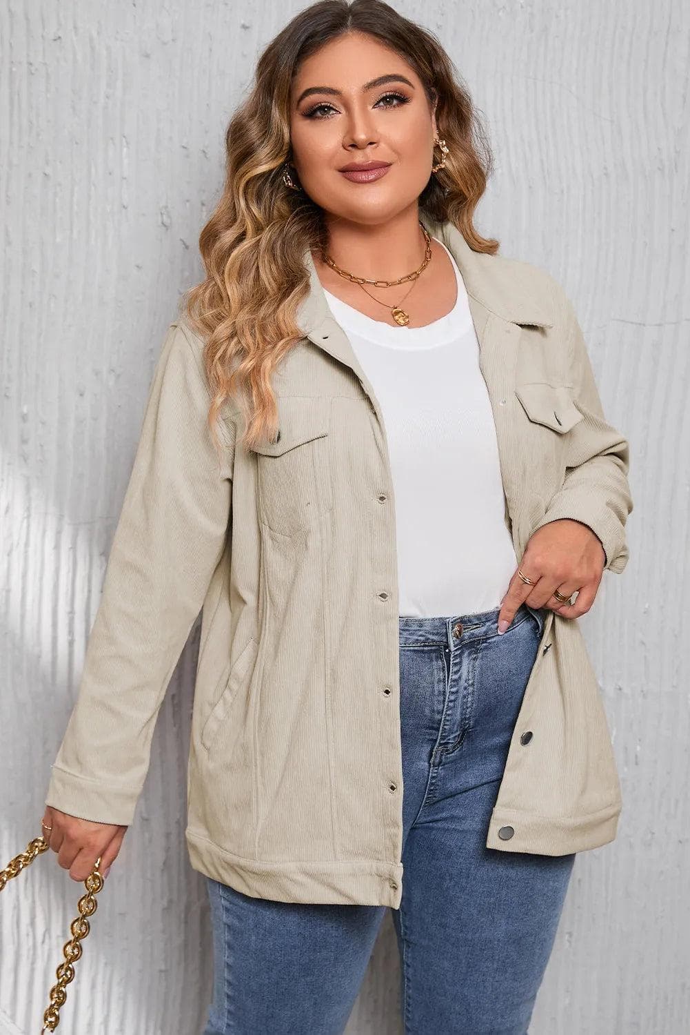 Plus Size/Plus Size Outerwear Khaki Plus Size Crochet Pattern Back Corduroy Jacket