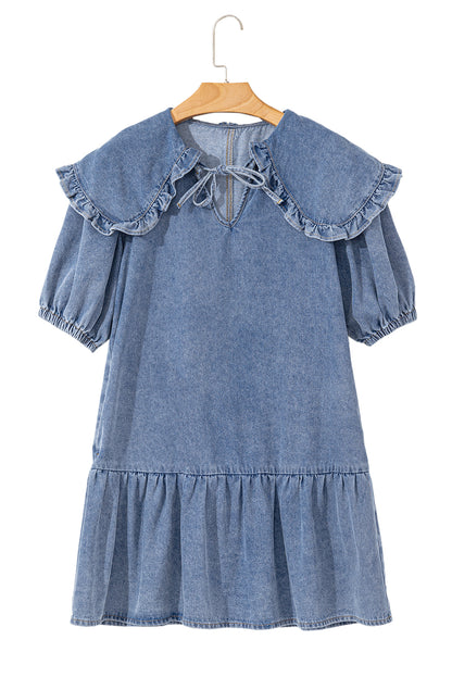 Dusk Blue Ruffled Collared Side Pockets Puff Sleeve Denim Mini Dress