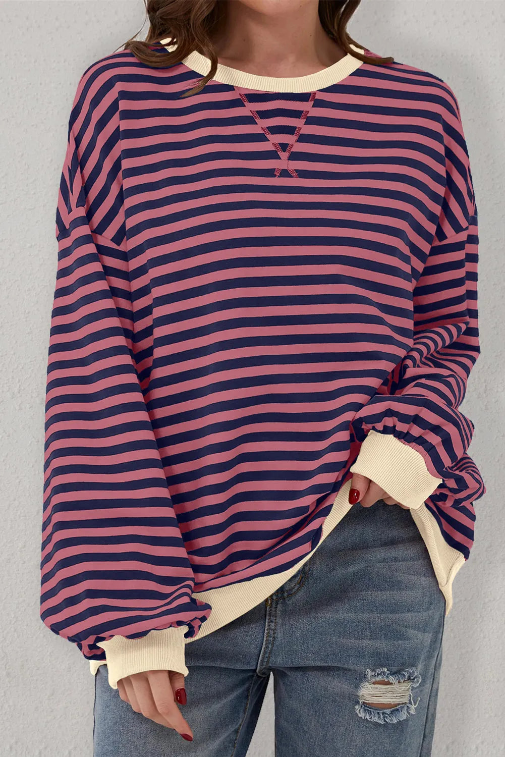 Red Stripe Oversized Contrast Trim Pullover Sweatshirt - Chic Meadow Boutique 