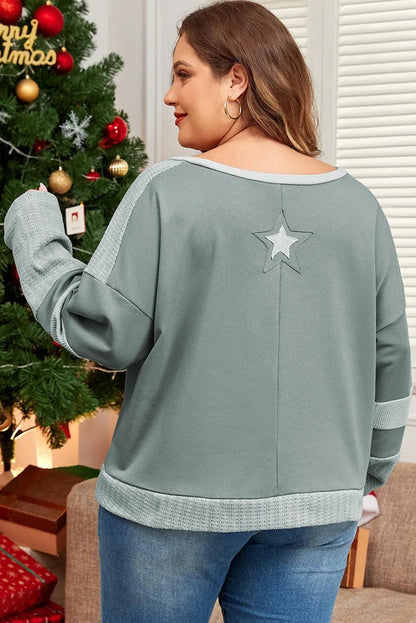 Plus Size/Plus Size Tops/Plus Size Long Sleeve Tops Mist Green Stars Patchwork Round Neck Plus Size T Shirt