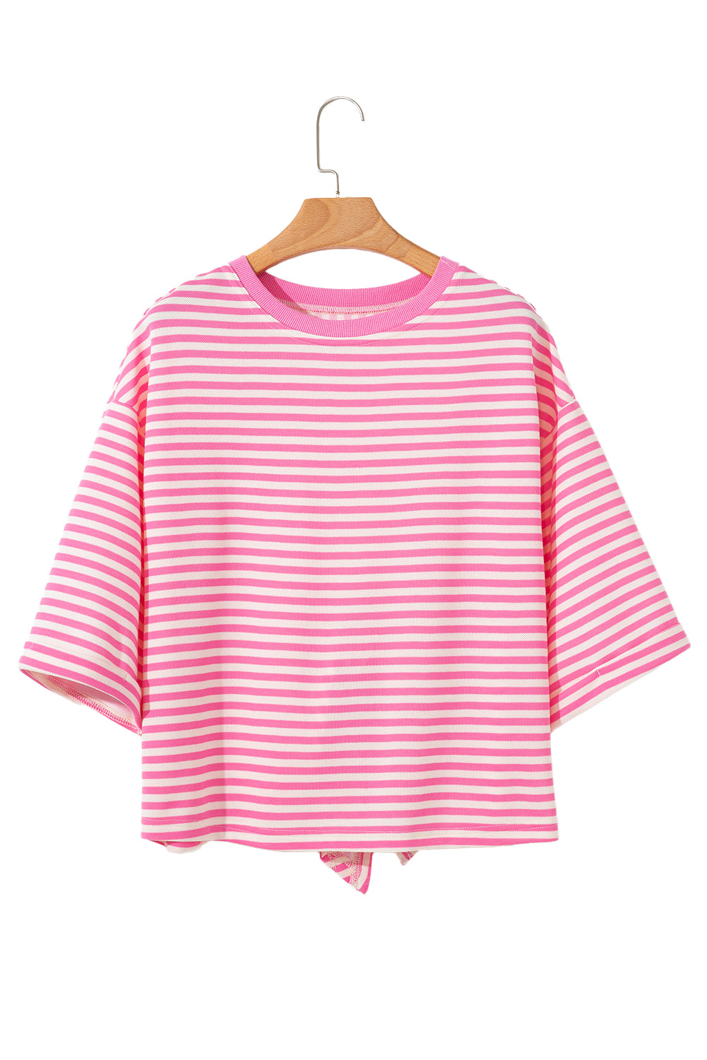 Pink Stripe Bowknot Cutout Back Drop Shoulder Wide Bracelet Sleeve Loose Tee