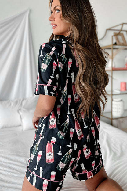 Black Champagne Print Silky Short Sleeve Pajamas Set