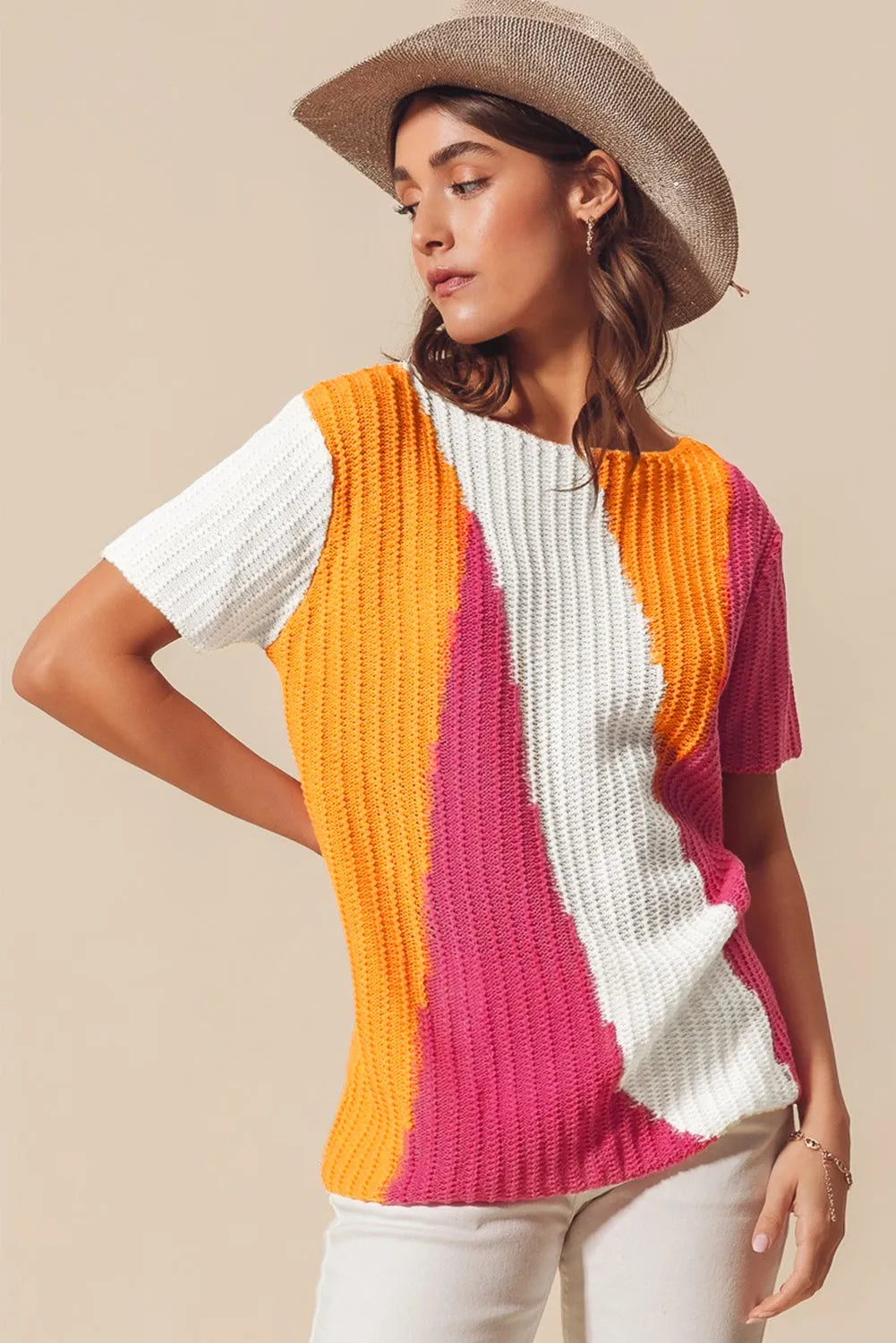 Tops/Short Sleeve Sweaters Orange Textured Knit Colorblock Short Sleeve Sweater