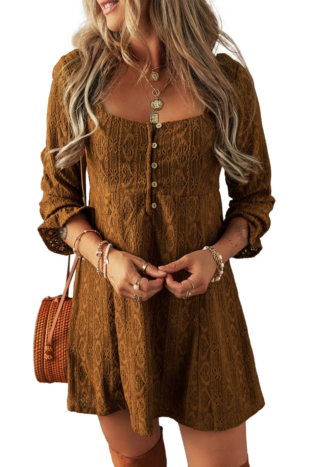 Chestnut Lace Crochet Buttoned Square Neck Shift Mini Dress - Chic Meadow Boutique 