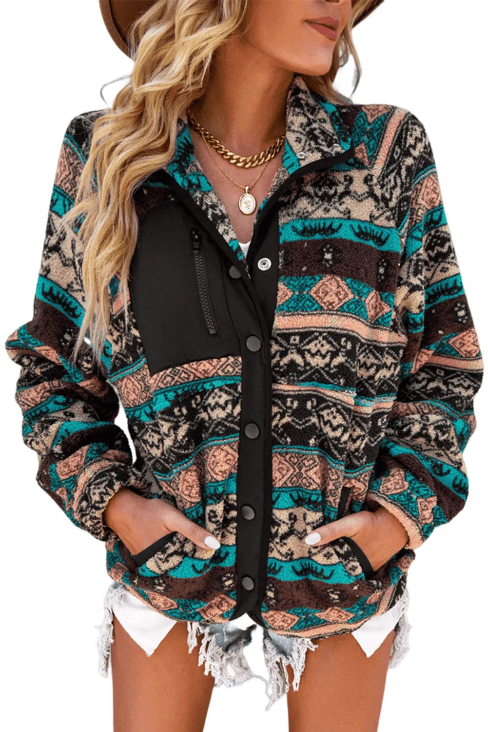 Black Western Colorblock Snap Buttoned Sherpa Jacket - Chic Meadow Boutique 