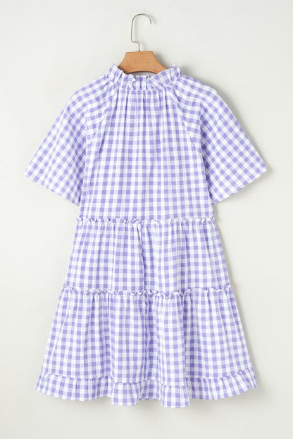 Lavendula Plaid Ruffle Wide Short Sleeve Babydoll Mini Dress