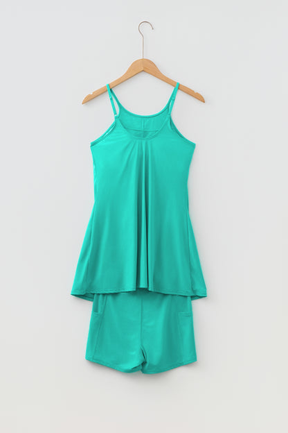 Sea Green Solid Color Tunic Tank Dress Athletic Shorts Two Piece Set