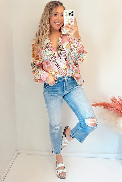 Pink Abstract Colorful Printed Button Down Shirt - Chic Meadow Boutique 