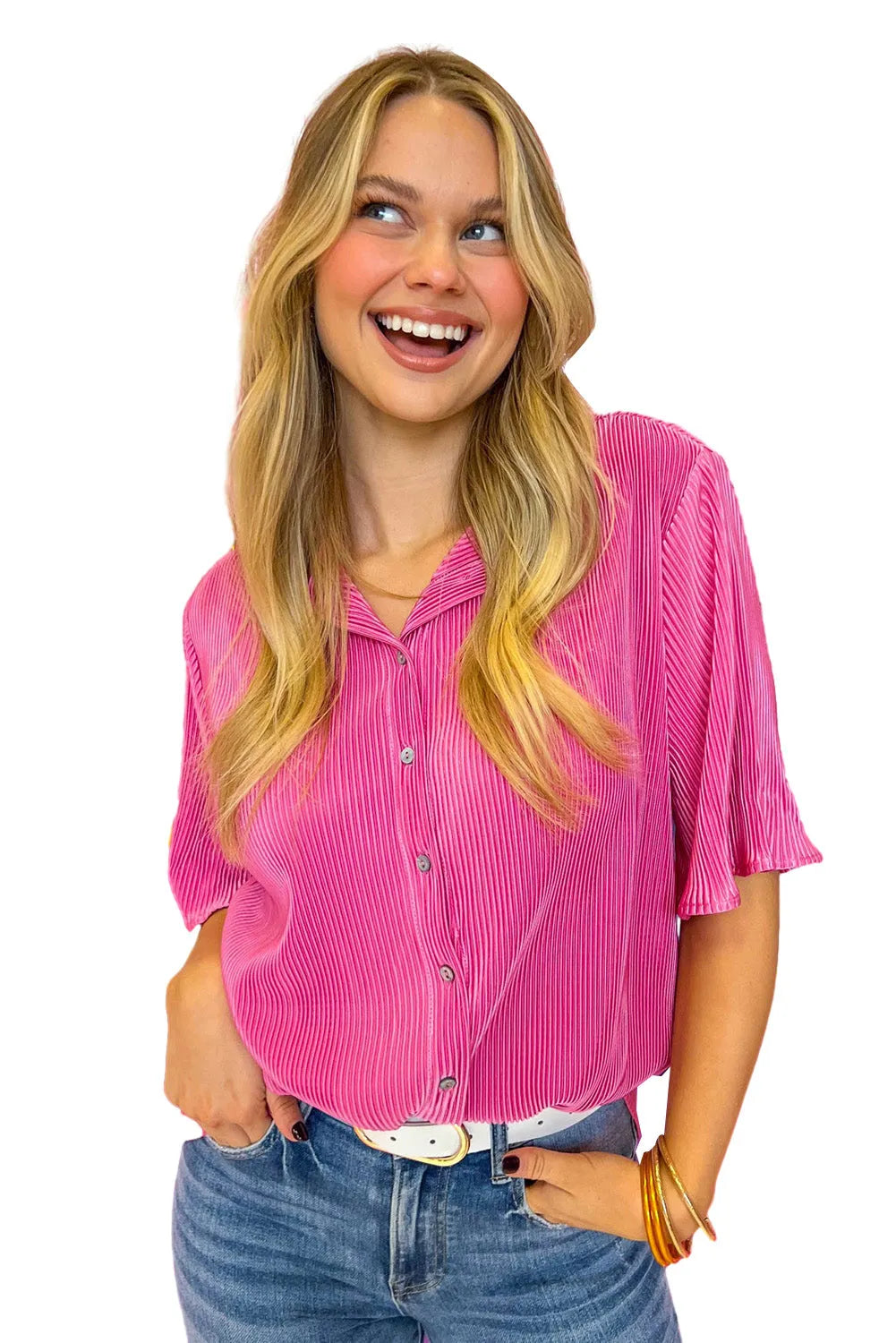 Bright Pink Satin Pleated Short Sleeve Shirt - Chic Meadow Boutique 