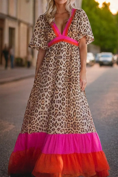 Bright Pink Leopard Colorblock Patchwork Bubble Sleeve Maxi Dress - Chic Meadow Boutique 