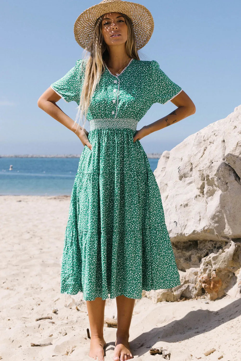 Green Floral Print Lace Splicing Flared High Waist Midi Dress - Chic Meadow Boutique 