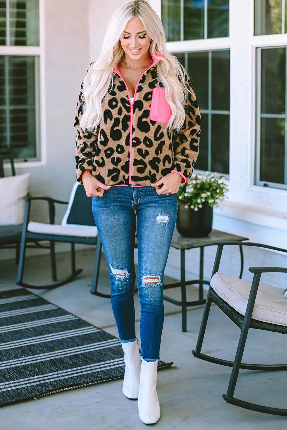 Leopard Colorblock Pocket Zipper Fuzzy Fleece Jacket - Chic Meadow Boutique 