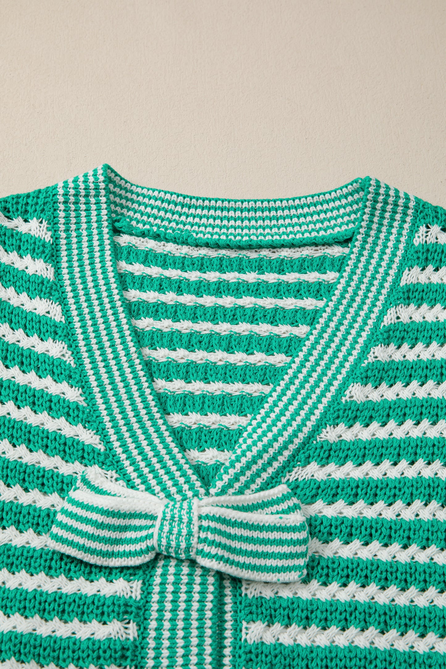 Green Stripe Short Sleeve Knit V Neck Bow Knot Sweater