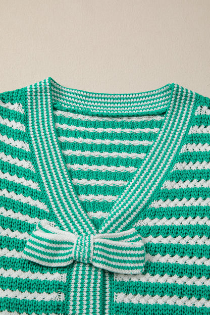 Green Stripe Short Sleeve Knit V Neck Bow Knot Sweater