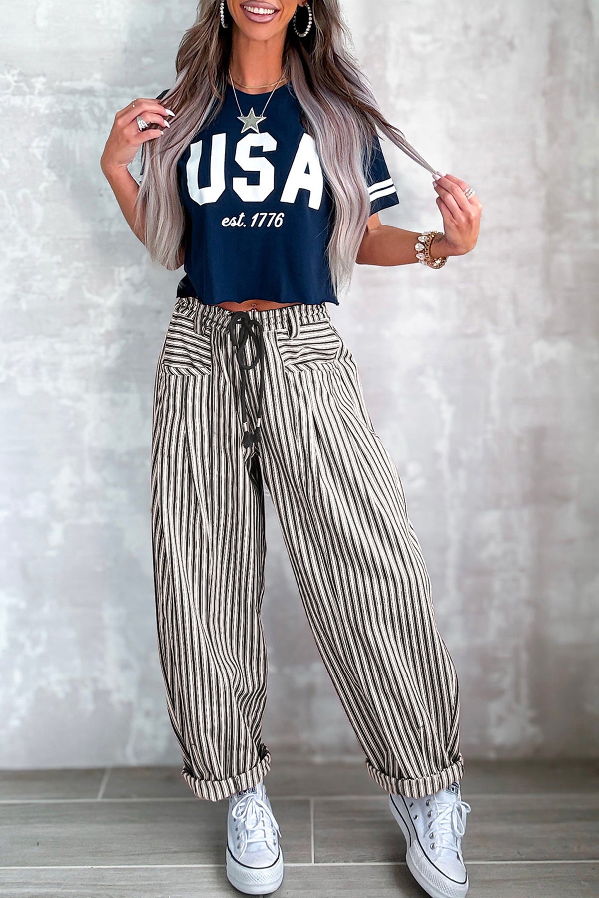 Black Stripe Drawstring Casual Loose Pants