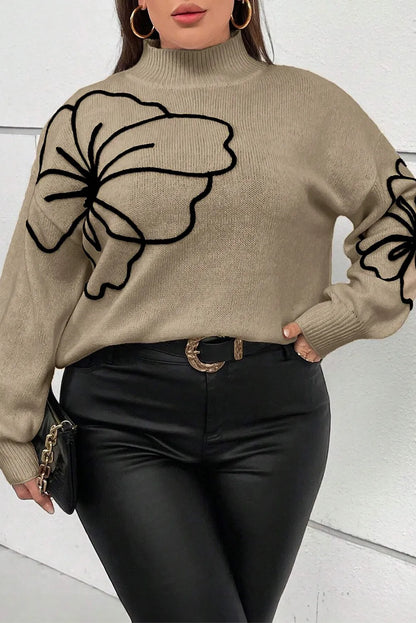 Dark Khaki Plus Size Big Flower Pattern High Neck Drop Shoulder Sweater - Chic Meadow Boutique 