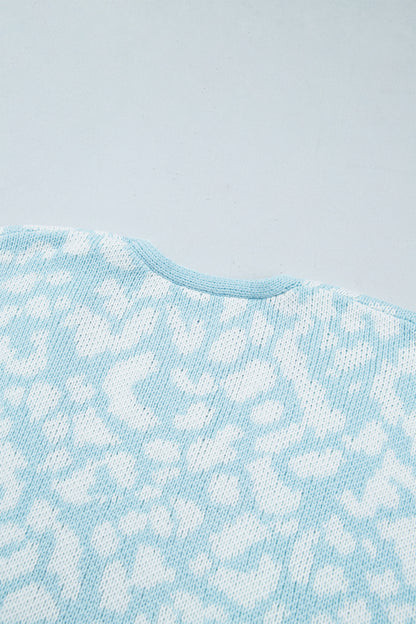 Light Blue Leopard Print V Neck Long Sleeve Loose Fit Knit Cardigan