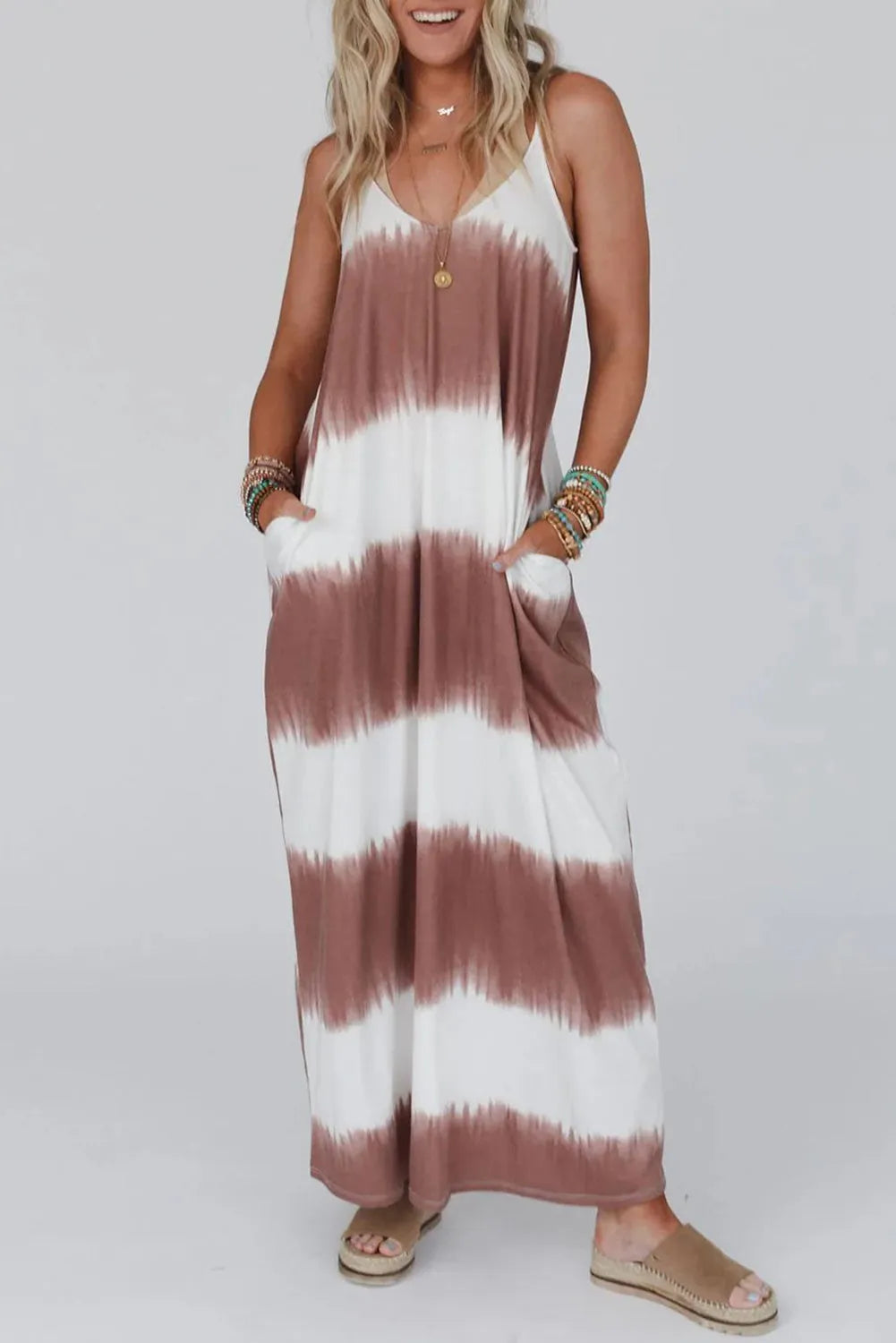 White Stripe Striped Tie Dye Spaghetti Strap Maxi Dress - Chic Meadow Boutique 