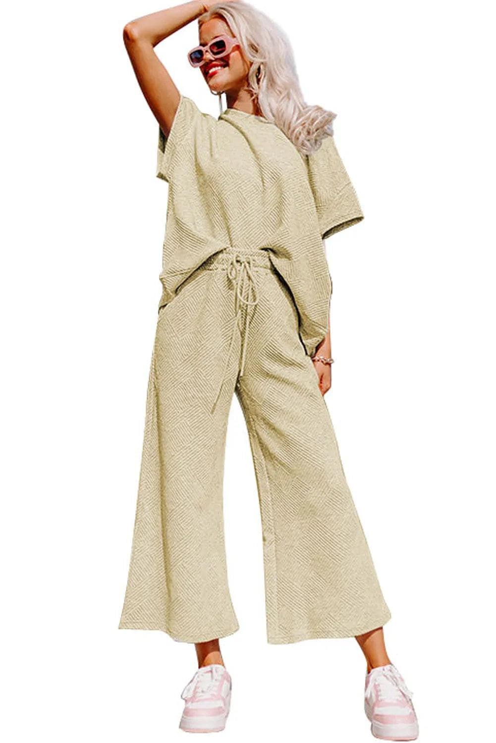 Apricot Textured Loose Fit T Shirt and Drawstring Pants Set - Chic Meadow Boutique 