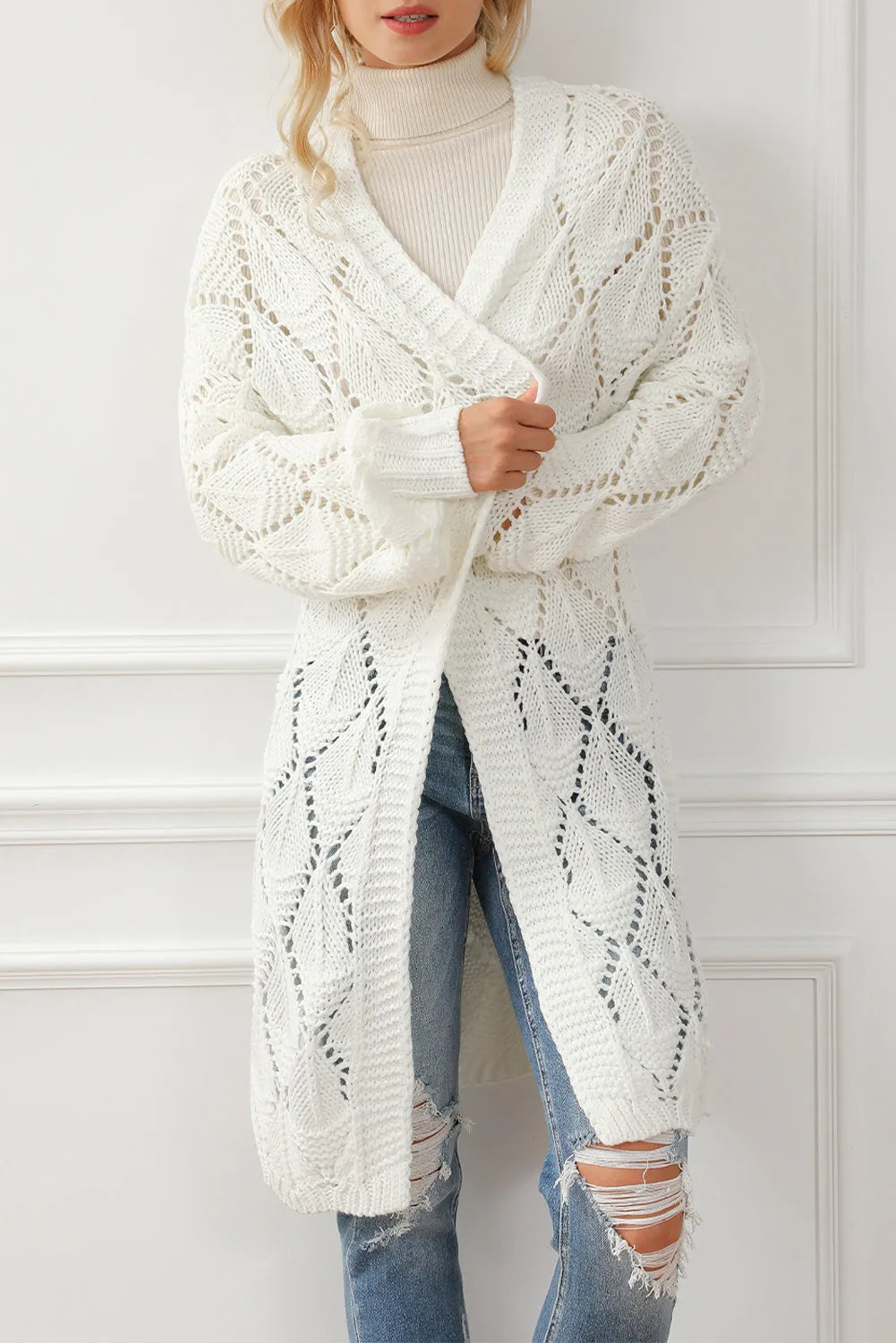 White Rhombus Hollowed Knit Open Front Cardigan - Chic Meadow Boutique 