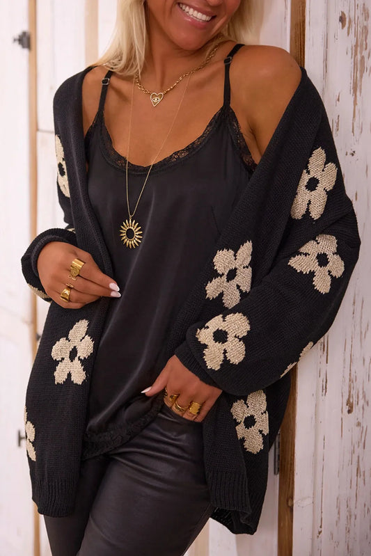 Black Floral Print Knitted Open Front Loose Cardigan - Chic Meadow Boutique 