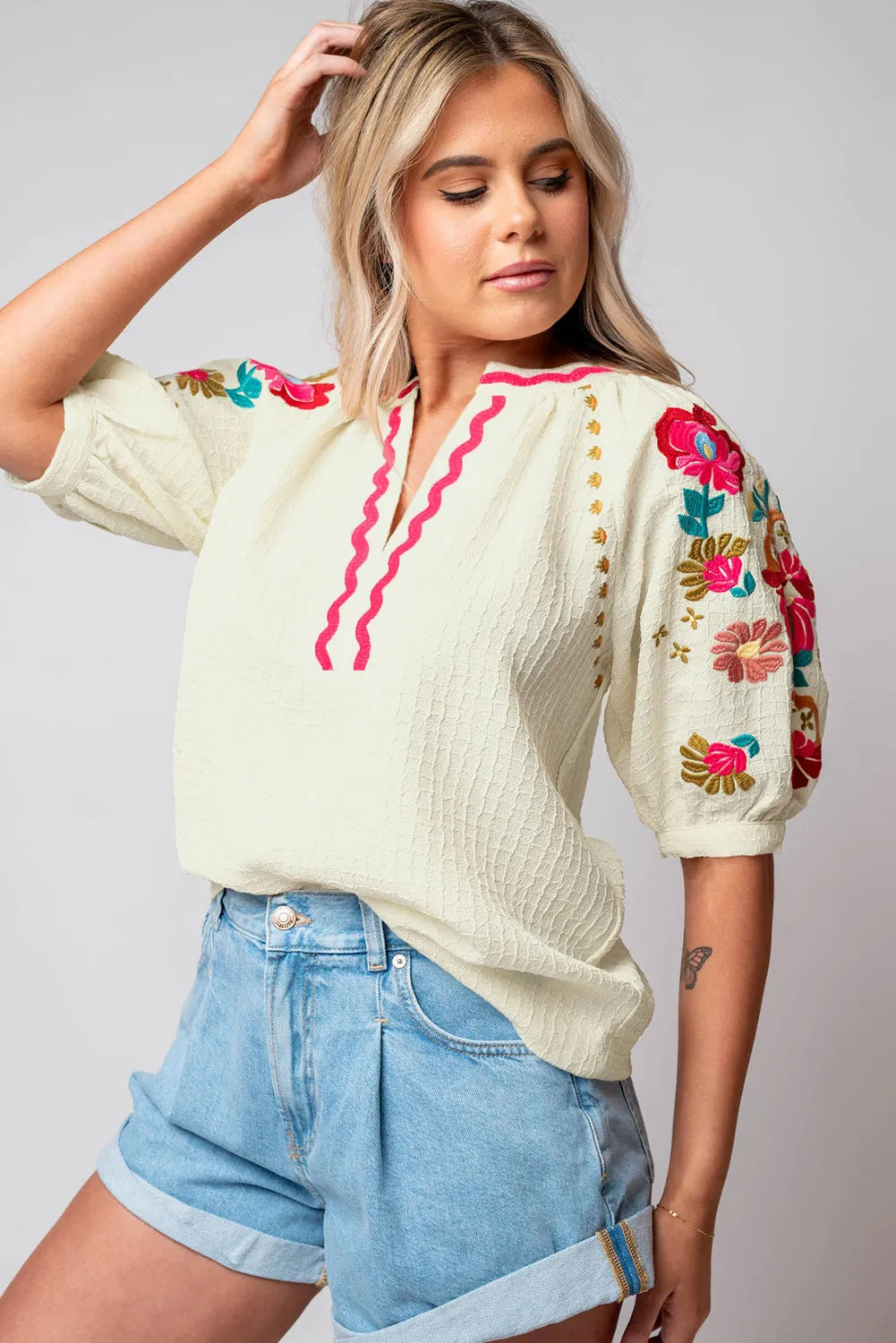 Beige Floral Embroidered Ricrac Puff Sleeve Textured Blouse - Chic Meadow Boutique 