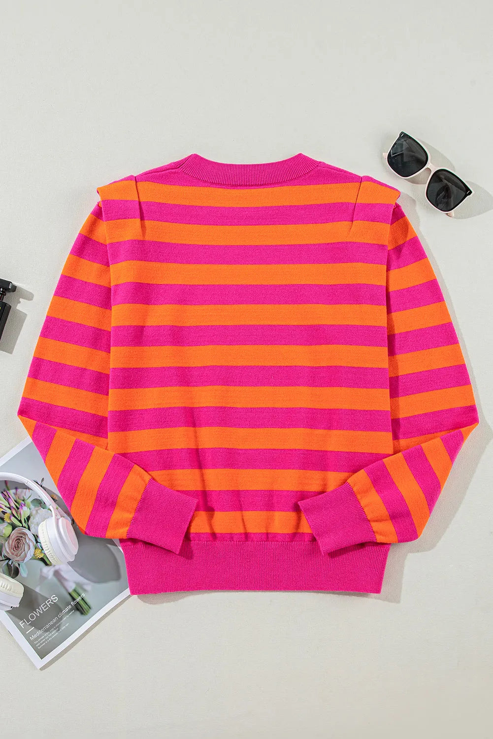 Rose Stripe Shoulder Pad Round Neck Sweater - Chic Meadow Boutique 