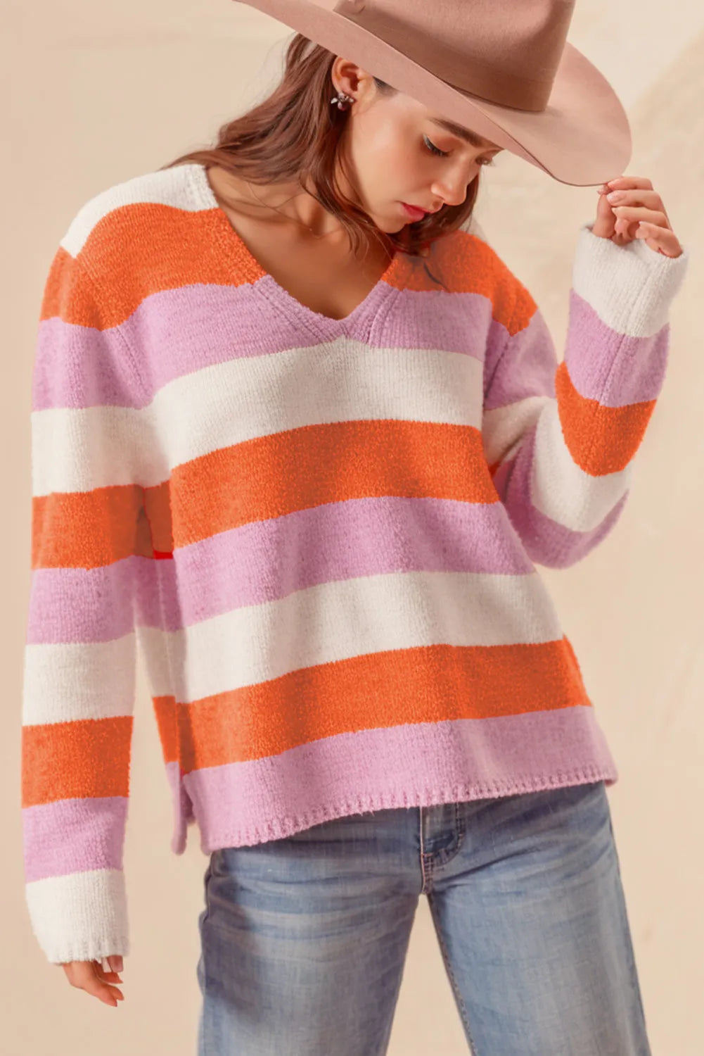 Orange Stripe Colorblock V Neck Casual Sweater - Chic Meadow Boutique 