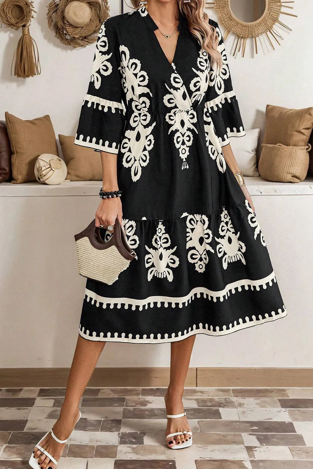 Black Western Geometric Print 3/4 Sleeve Loose Midi Dress - Chic Meadow Boutique 