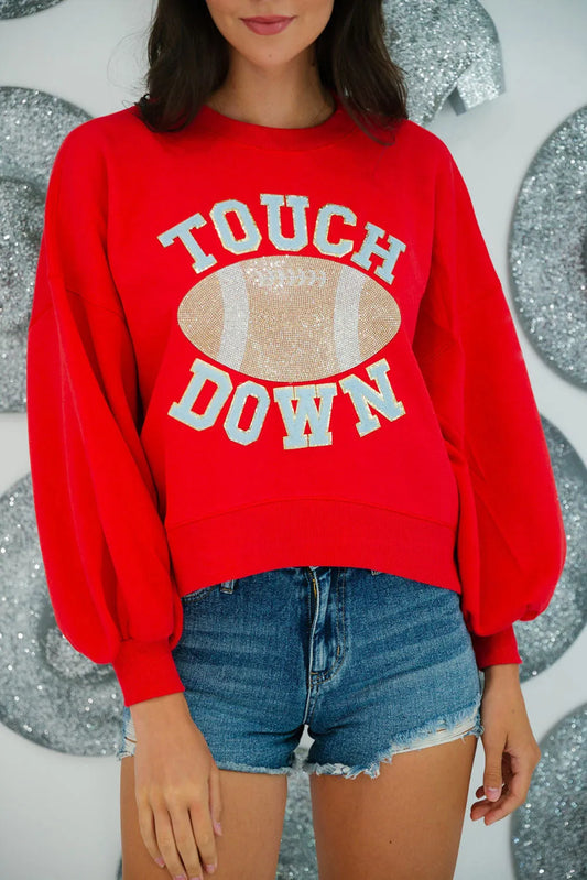 Fiery Red TOUCH DOWN Football Graphic Pullover Sweatshirt - Chic Meadow Boutique 