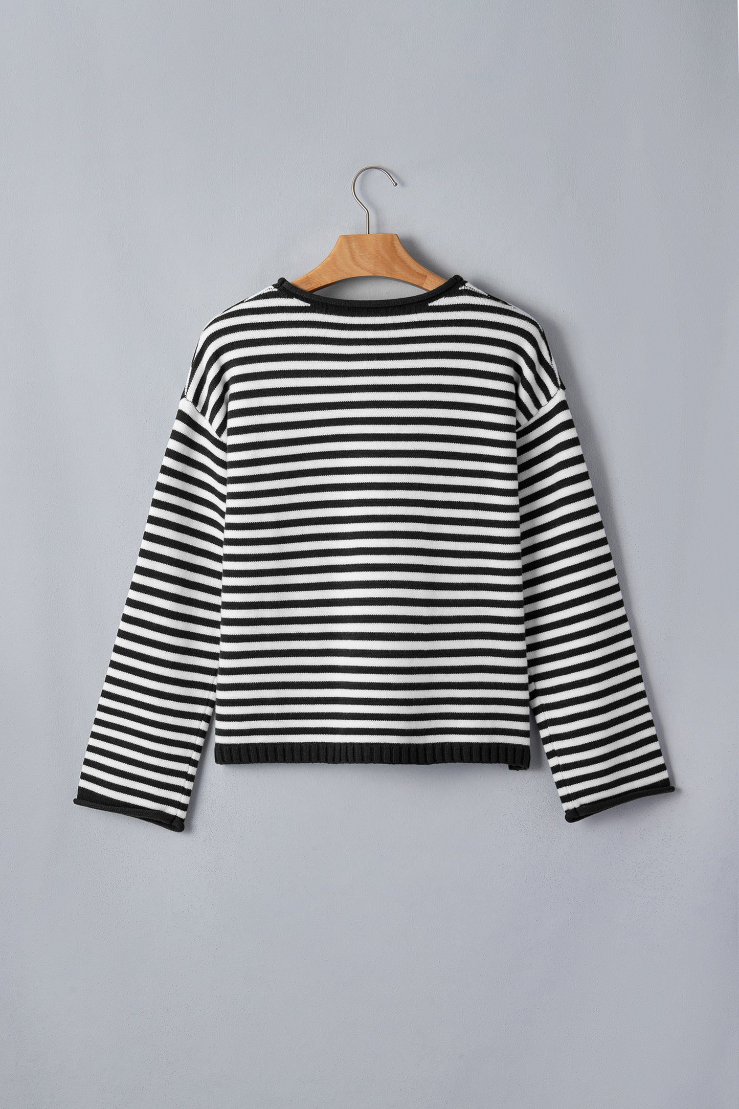 Green Stripe Striped Button Placket Drop Shoulder Long Sleeve Sweater