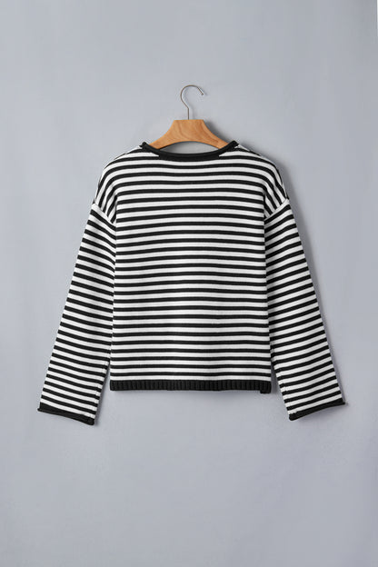 Green Stripe Striped Button Placket Drop Shoulder Long Sleeve Sweater