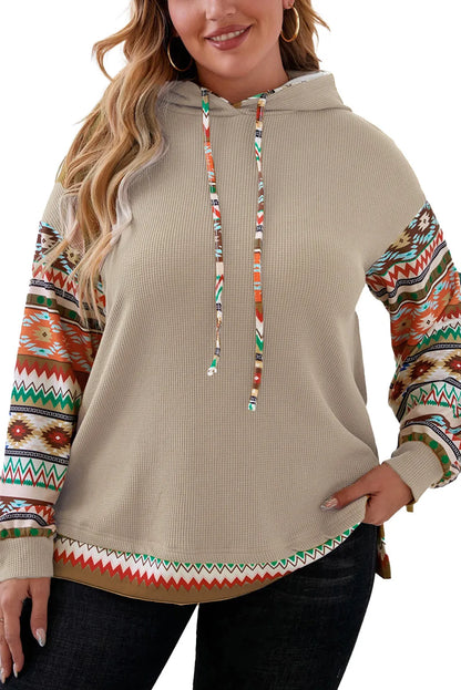 Smoke Gray Aztec Patchwork Sleeve Waffle Drawstring Plus Hoodie - Chic Meadow Boutique 