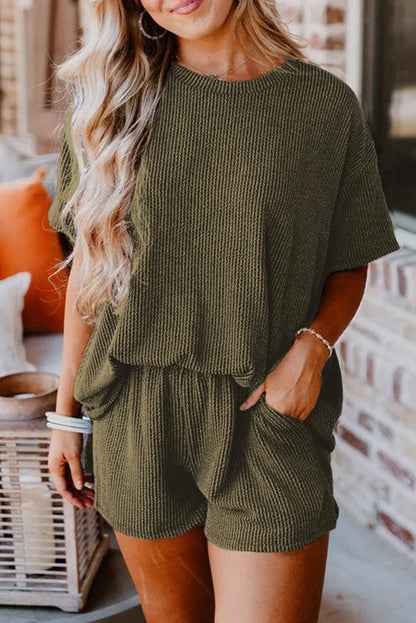 Jungle Green Ribbed Textured Knit Loose Fit Tee and Shorts Set - Chic Meadow Boutique 