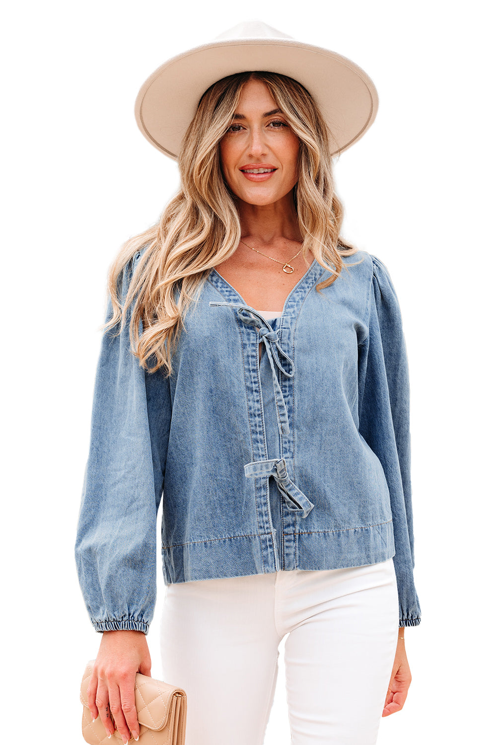 Dusk Blue Tied Front Long Puff Sleeve Denim Top