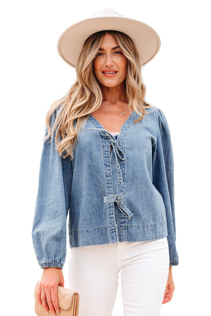 Dusk Blue Tied Front Long Puff Sleeve Denim Top