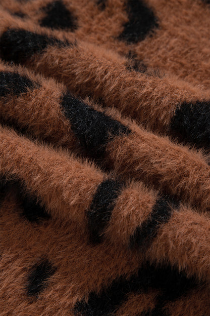 Coffee Western Leopard Zebra Print Long Sleeve Round Neck Sweater
