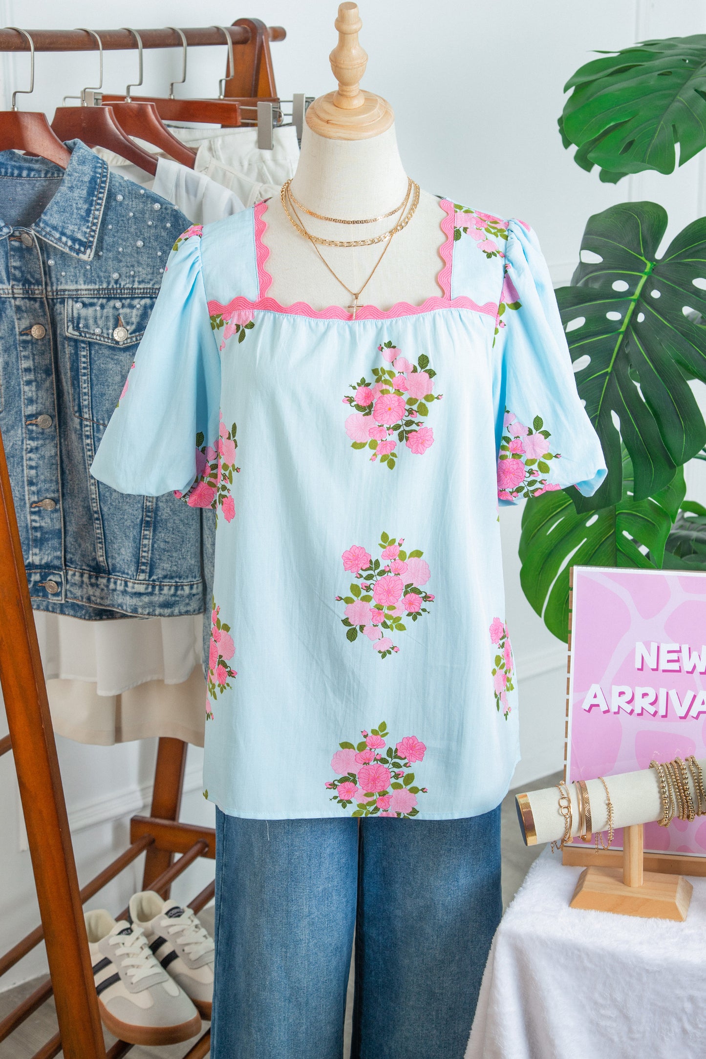 Sky Blue Floral Printed Contrast Ricrac Detail Bubble Sleeve Blouse