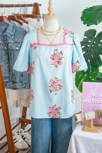 Sky Blue Floral Printed Contrast Ricrac Detail Bubble Sleeve Blouse