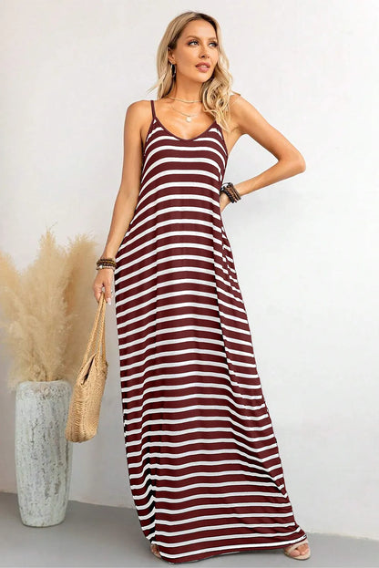 Red Stripe Side Pockets Spaghetti Straps Maxi Dress - Chic Meadow Boutique 