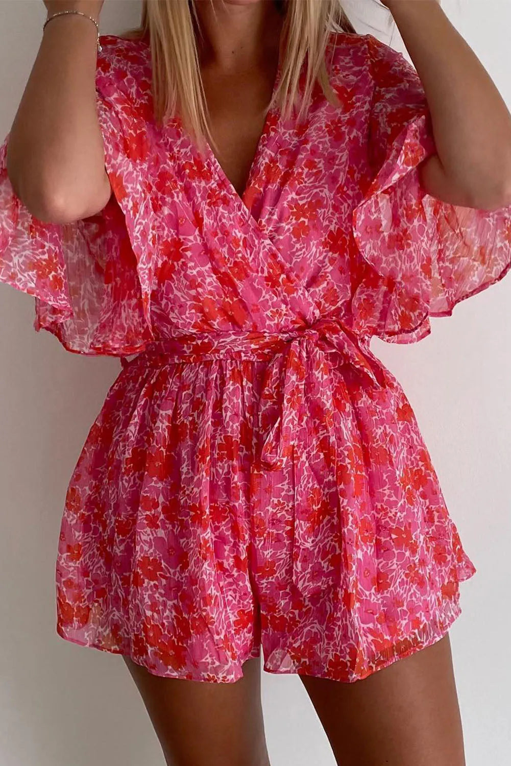 Pink V Neck Ruffled Sleeve Floral Romper - Chic Meadow Boutique 