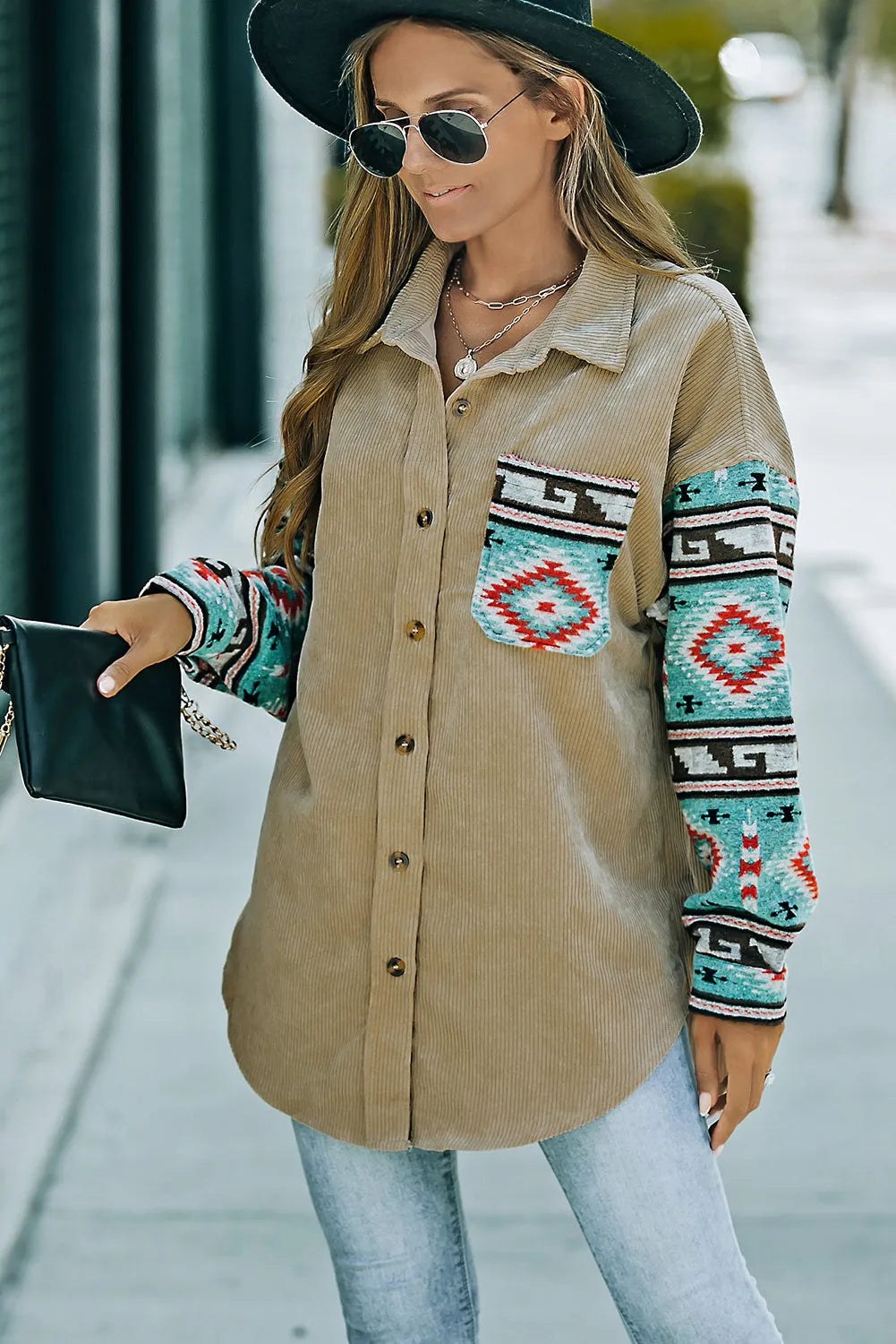 Khaki Aztec Pattern Sleeve Pocketed Corduroy Shacket - Chic Meadow Boutique 