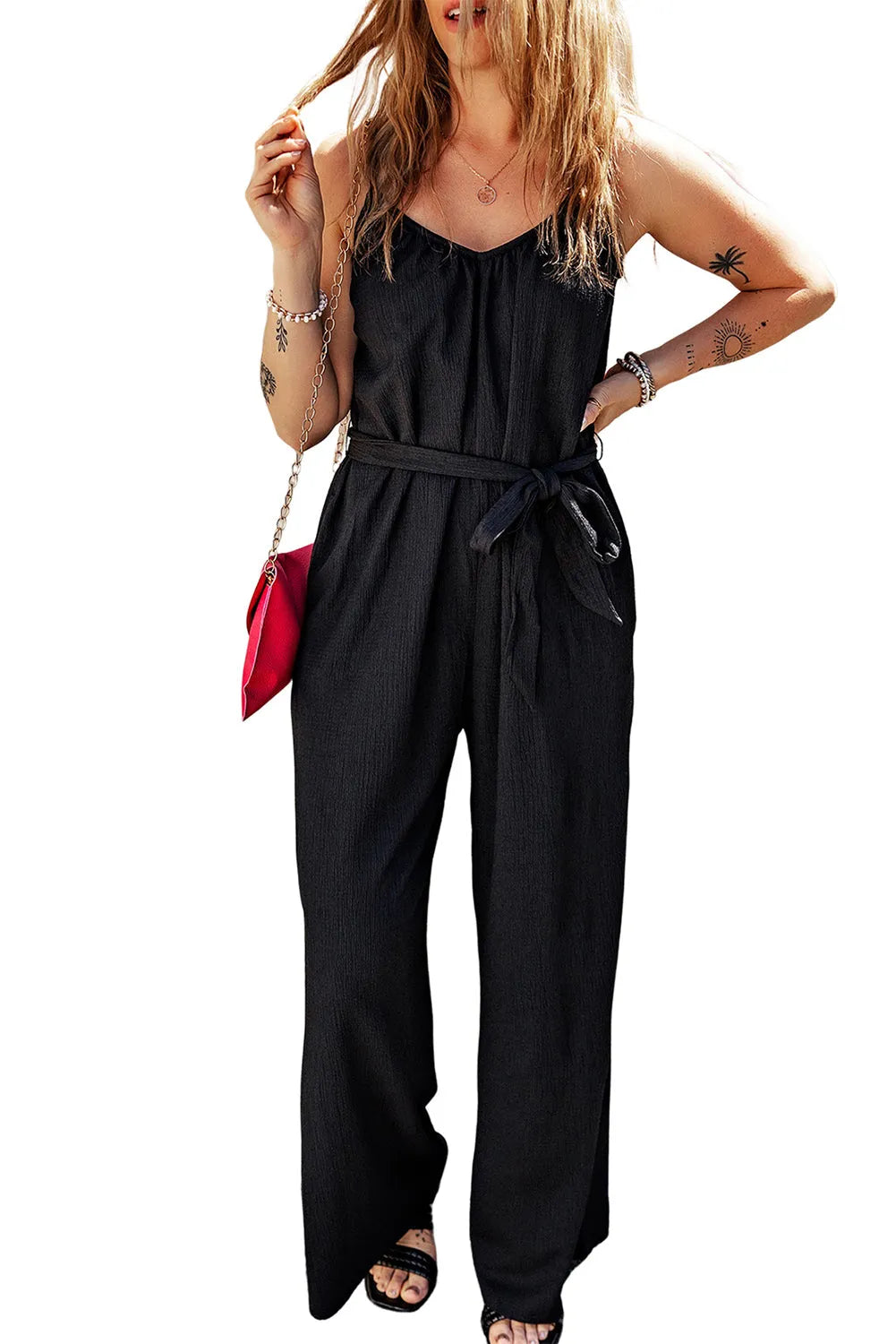 Black Textured Belted Wide Leg Sleeveless Jumpsuit - Chic Meadow Boutique 