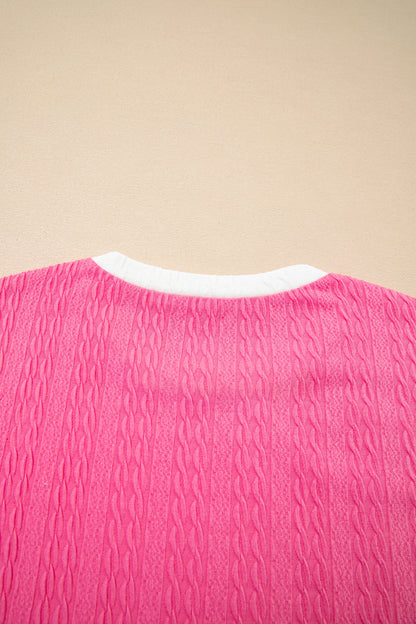 Bright Pink Textured Color Block Trim Loose Tee Drawstring Shorts 2pcs Set