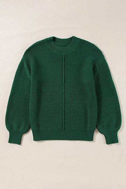 Blackish Green Textured Knit Crewneck Lantern Sleeve Sweater - Chic Meadow Boutique 