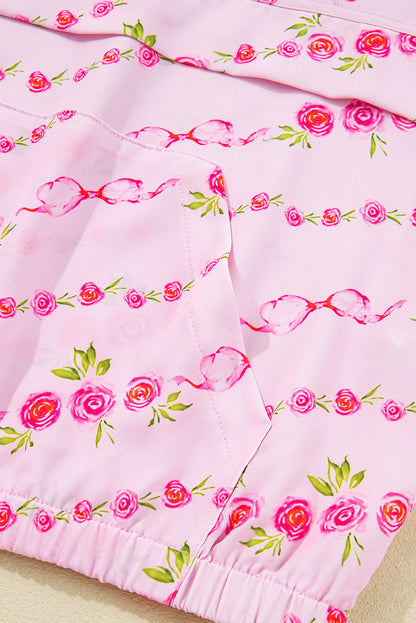 Pink Floral Print Half Zip Kangaroo Pouch Drawstring Hoodie